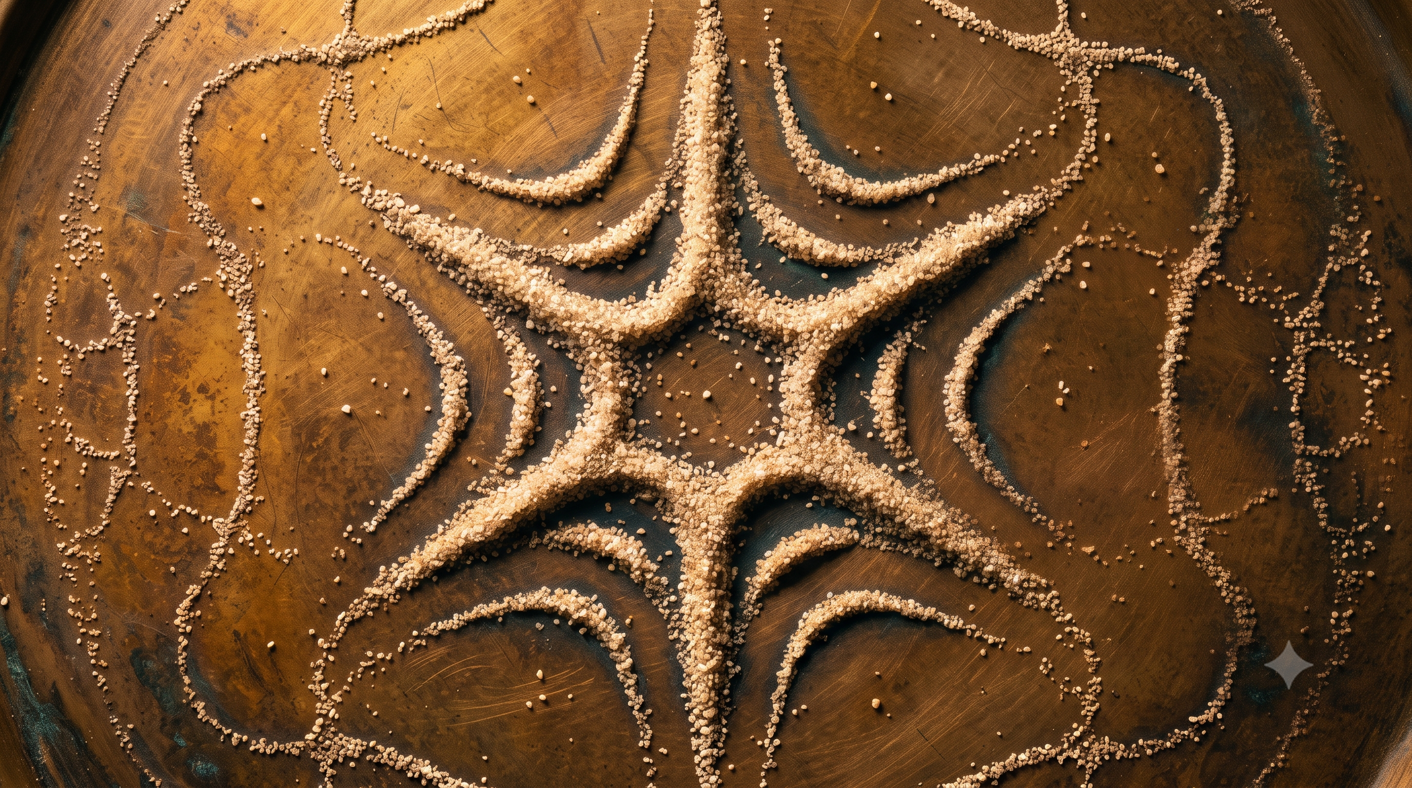 Macro photograph of fine sand forming a precise Chladni resonance pattern on a warm patinated bronze plate, representing the structured alignment and considered judgement at the heart of Cotswolds Capital as an institution.
