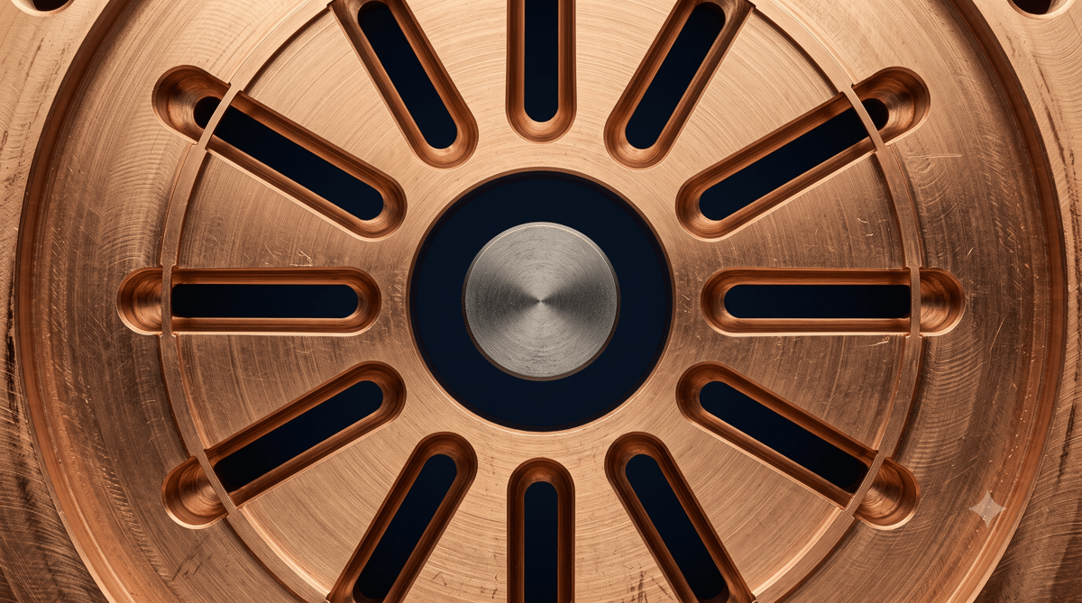 Macro photograph of a precision-machined copper magnetron anode block viewed from above, radial cavity structure surrounding a central cathode, representing the microwave thermal processing technology at the heart of Cotswolds Capital's CC-2026-03 Aethermal Systems mandate