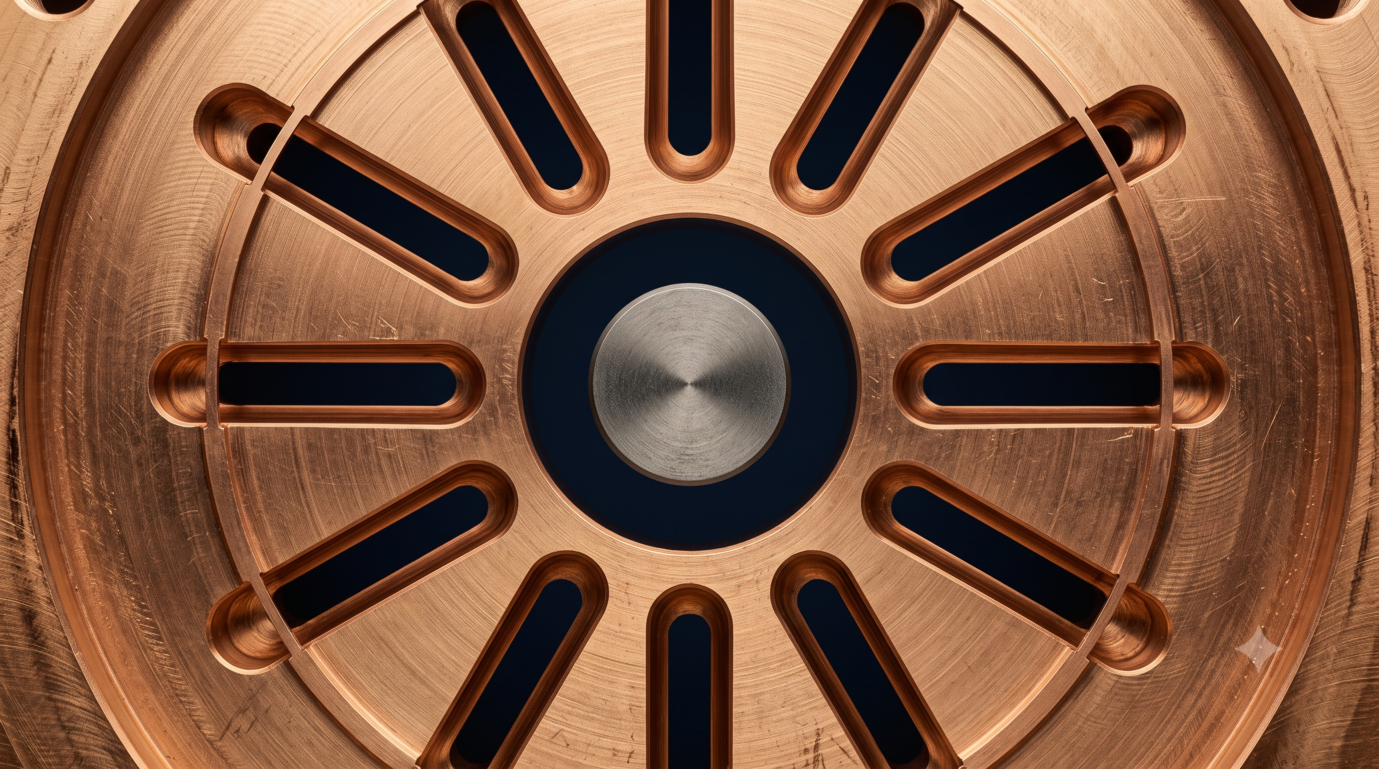 Macro photograph of a precision-machined copper magnetron anode block viewed from above, radial cavity structure surrounding a central cathode, representing the microwave thermal processing technology at the heart of Cotswolds Capital's CC-2026-03 Aethermal Systems mandate