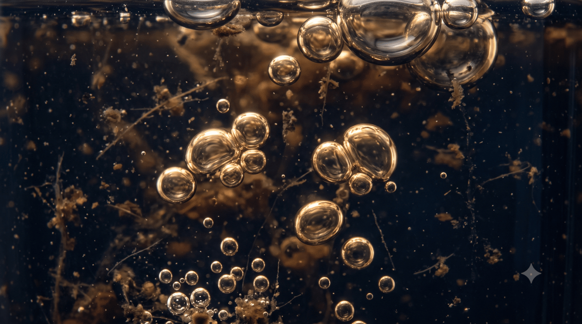 Macro photograph of biogas bubbles rising through a dark organic fermentation medium, representing the anaerobic waste-to-energy conversion process at the heart of Cotswolds Capital's CC-2026-04 energy transition mandate