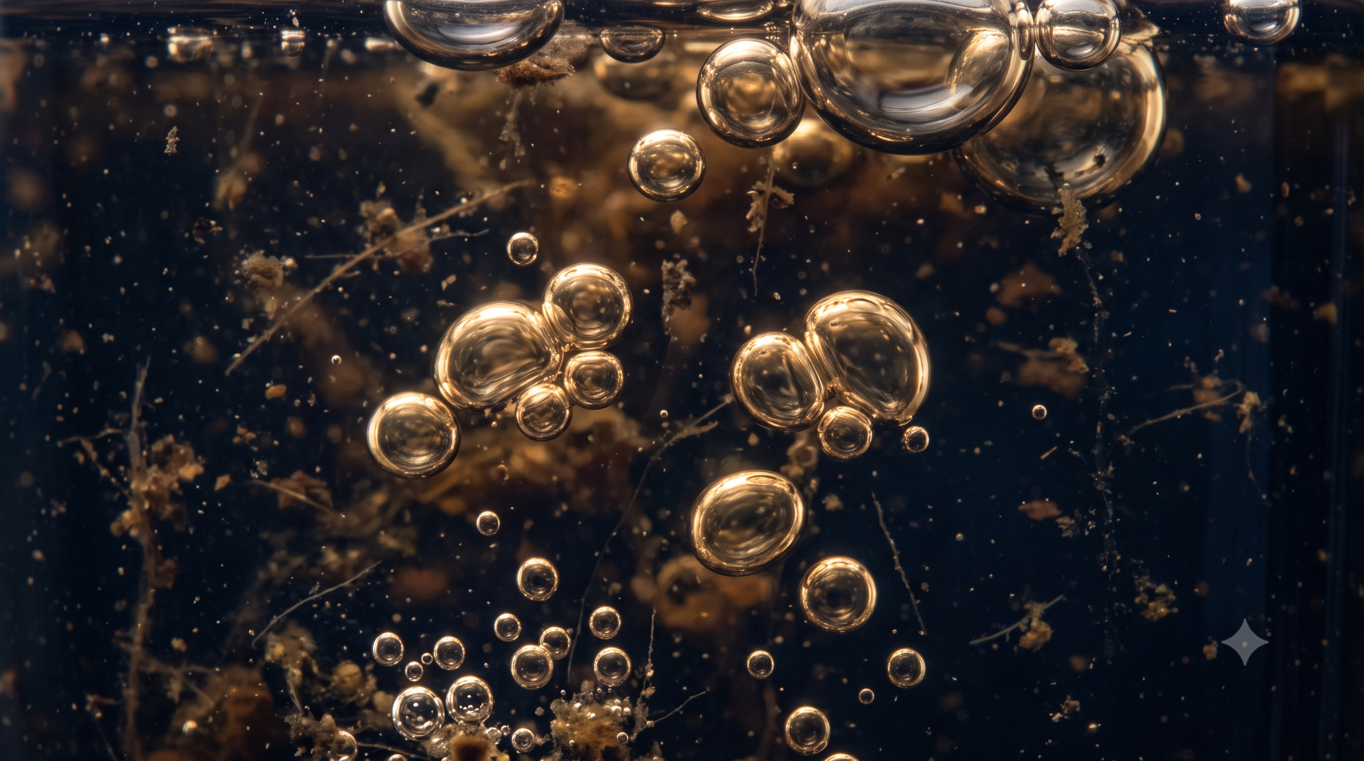 Macro photograph of biogas bubbles rising through a dark organic fermentation medium, representing the anaerobic waste-to-energy conversion process at the heart of Cotswolds Capital's CC-2026-04 energy transition mandate