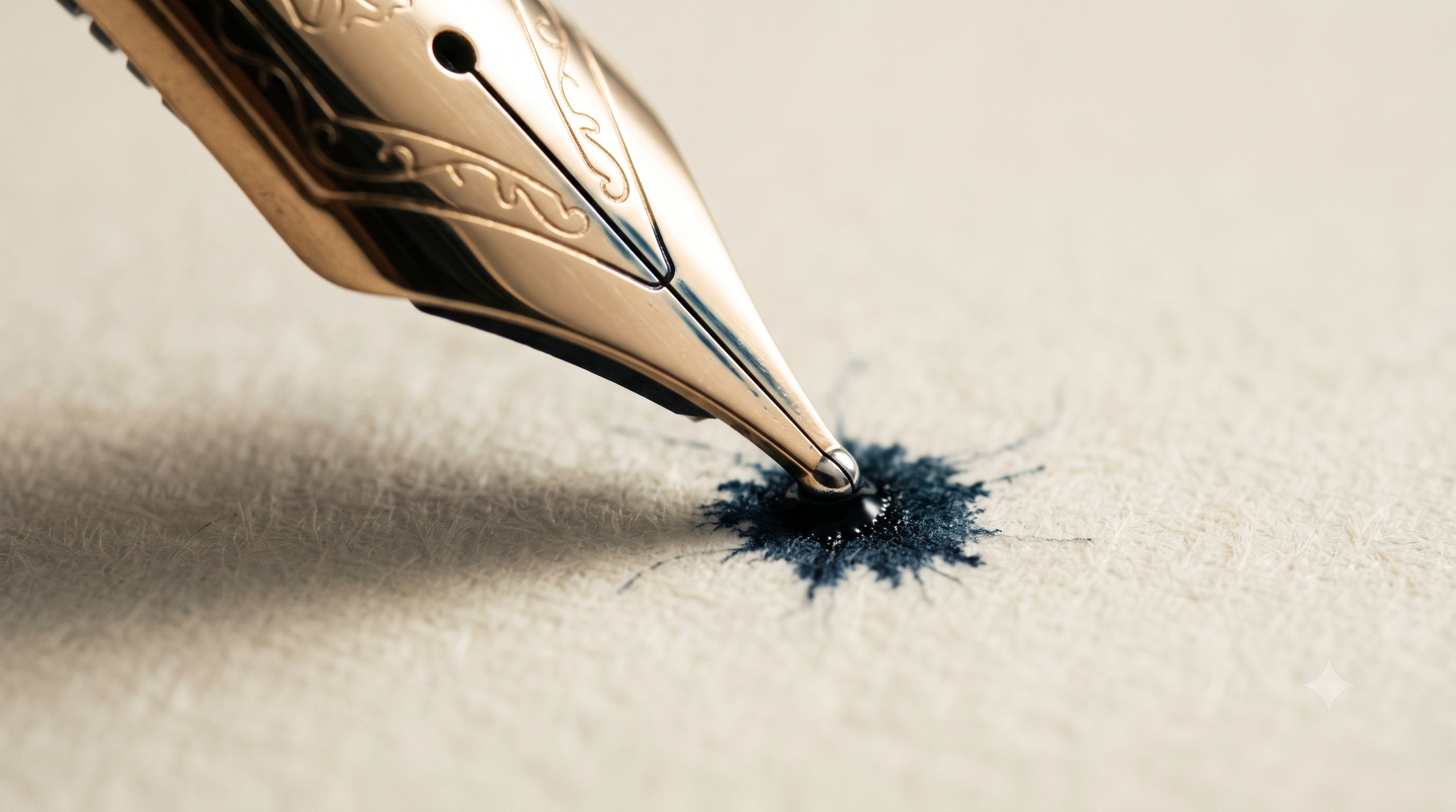 Macro photograph of a gold fountain pen nib making first contact with cream paper, deep navy ink beginning to bleed into the fibres, representing the moment of considered first contact with Cotswolds Capital.