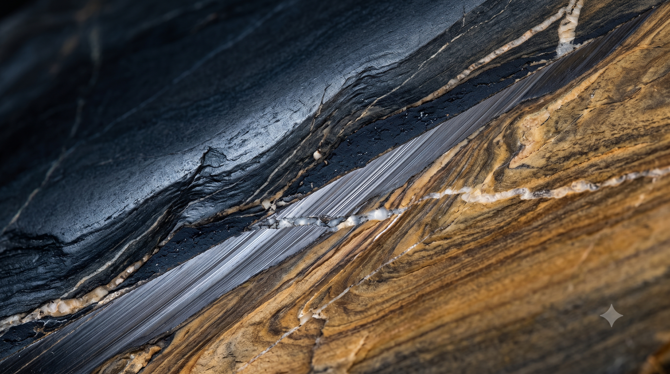 Macro photograph of polished geological strata showing deep navy shale and warm sandstone layers intersected by a calcite mineral vein, representing Cotswolds Capital's capacity to operate at the intersection of complex, consequential forces.