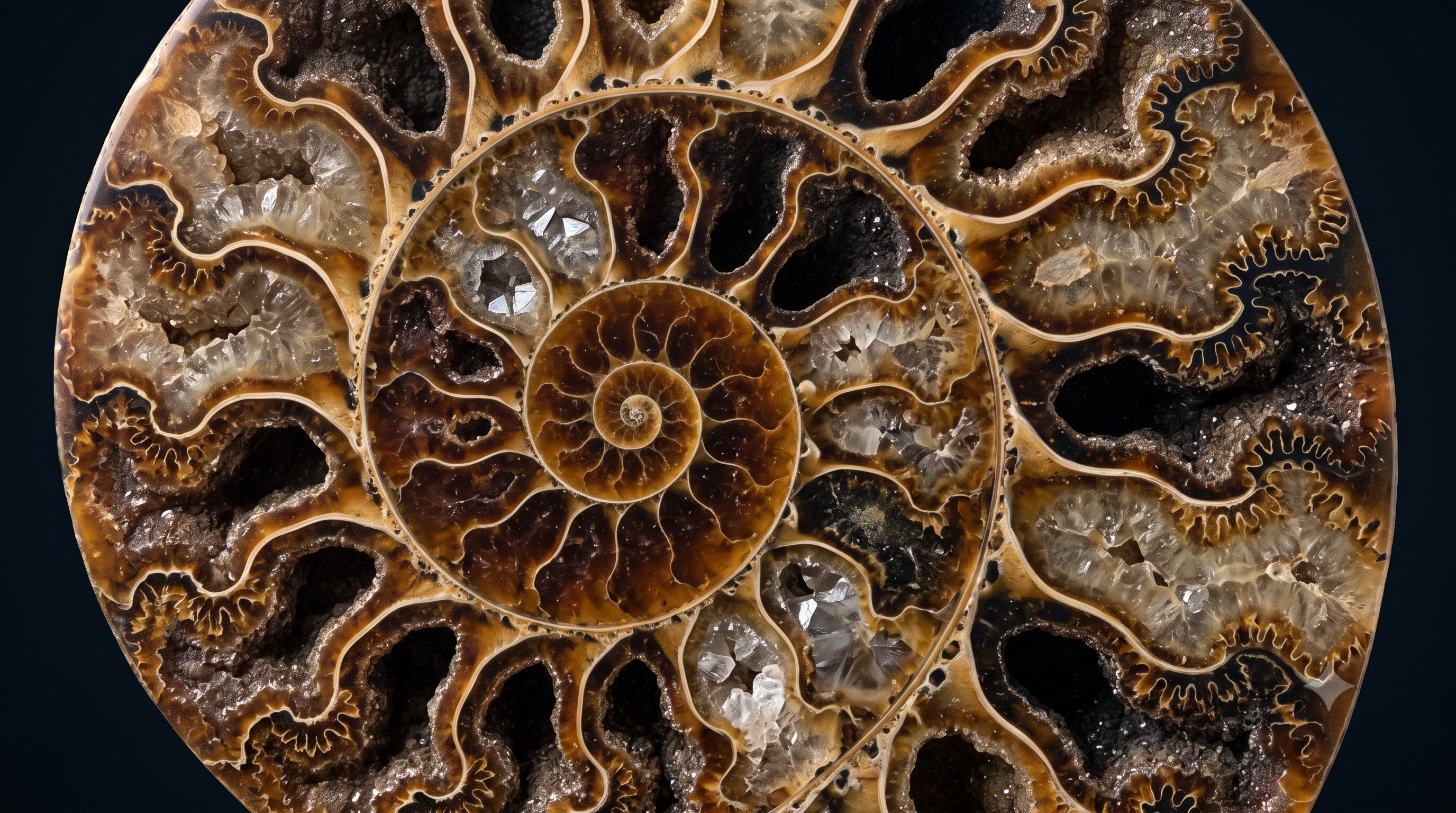 Macro photograph of a polished ammonite fossil cross-section revealing a logarithmic spiral with complex suture detail and crystalline mineral infill, illustrating the precise architecture of a principal-led engagement at Cotswolds Capital