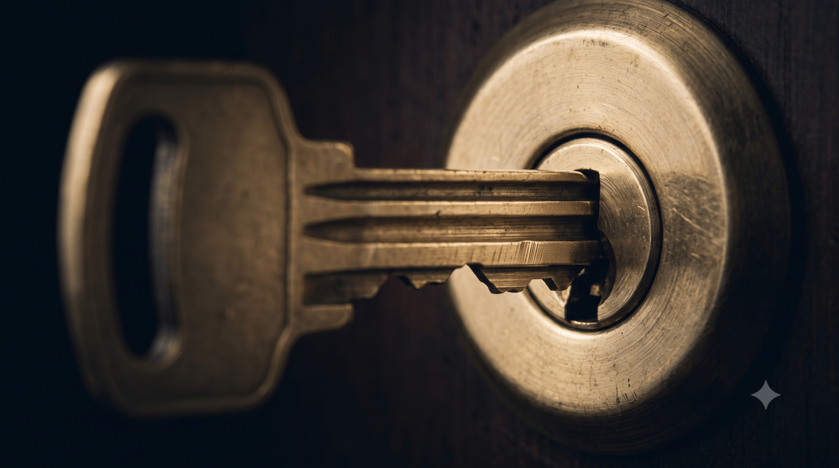 Macro photograph of a brass key fully inserted into a lock cylinder but not yet turned, representing Cotswolds Capital's role as independent security trustee holding authority in reserve on behalf of London DE noteholders