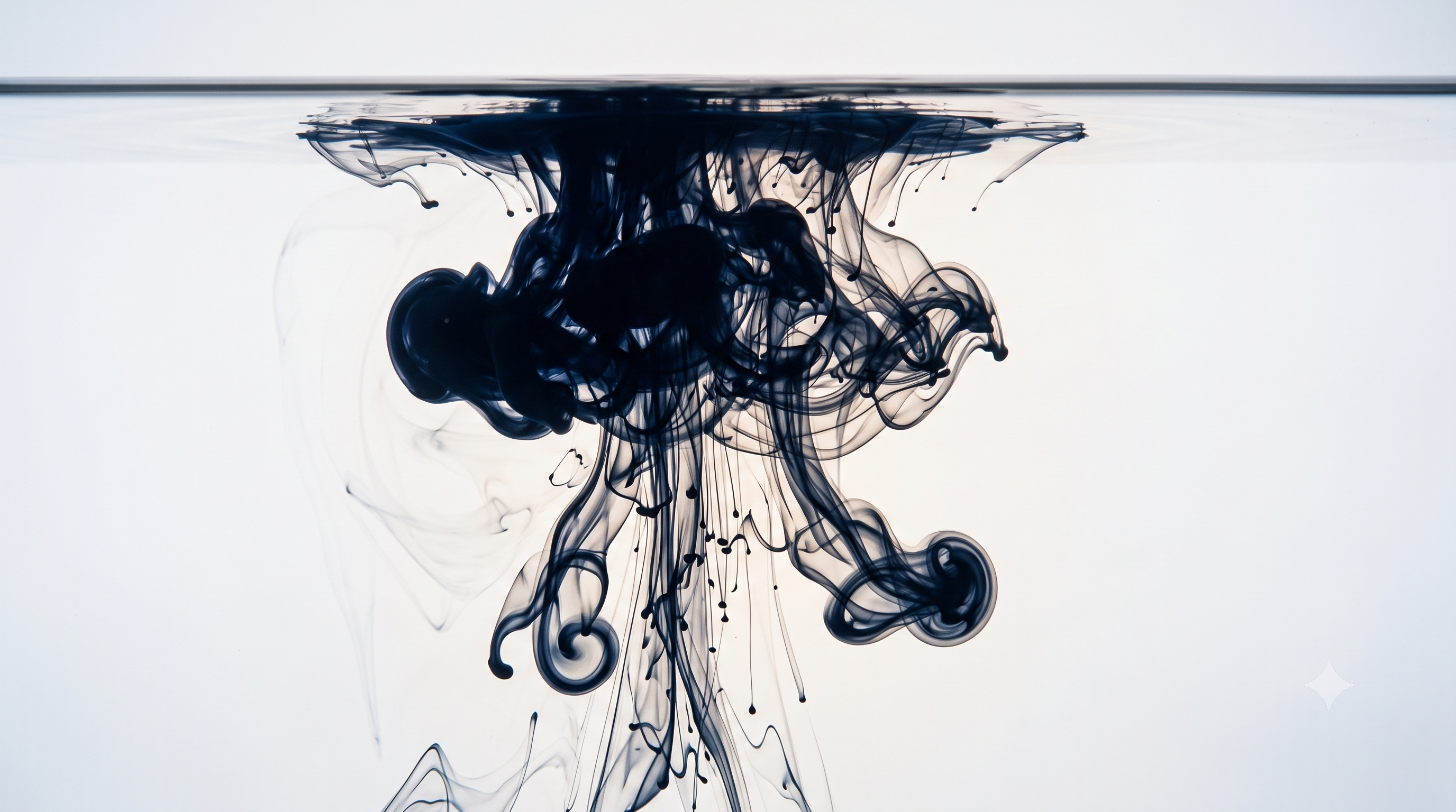 Macro photograph of deep navy ink dispersing through clear water in fine tendrils, representing the complex, sensitive situations in which Cotswolds Capital provides independent strategic counsel and quiet intervention.