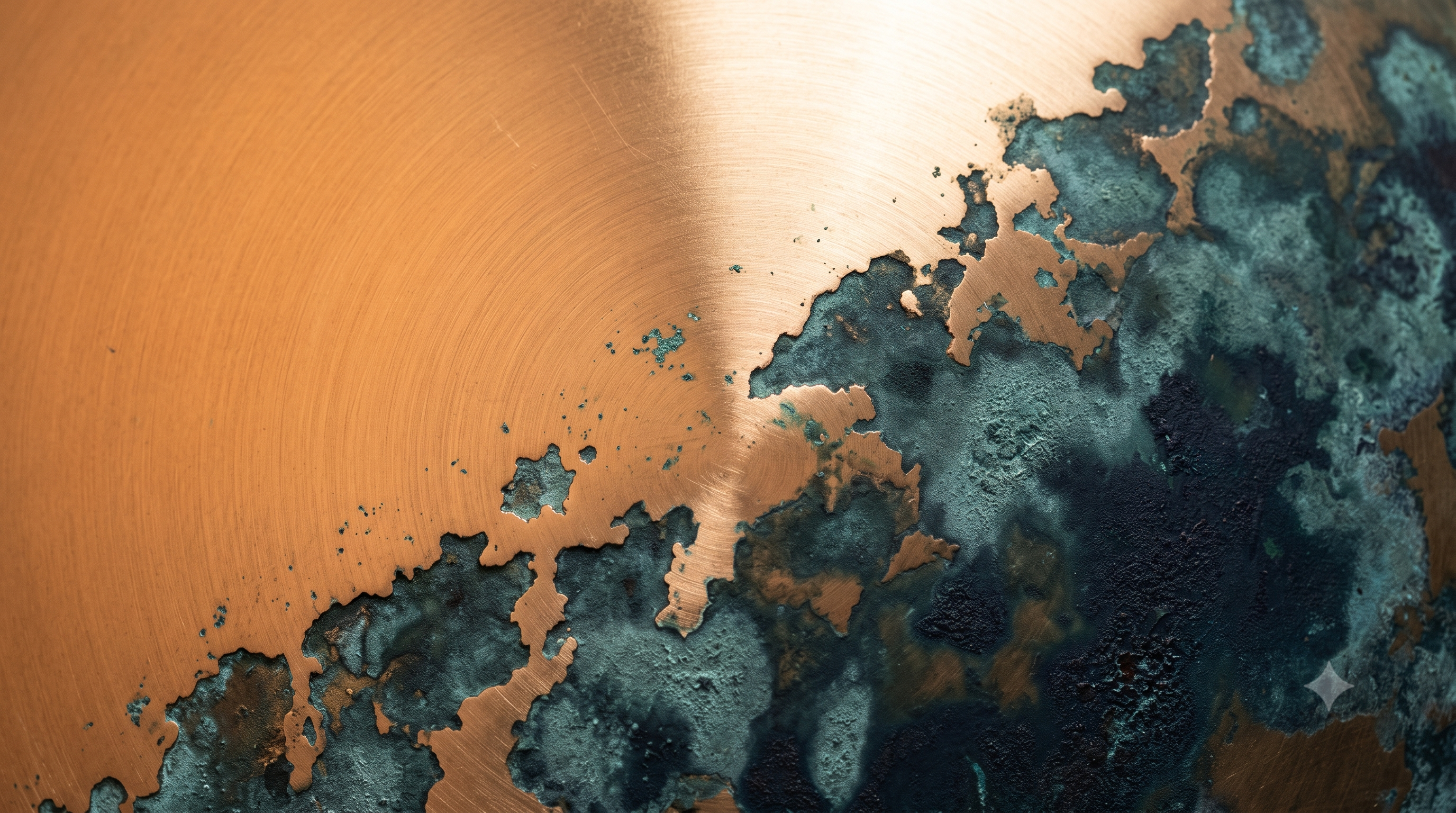Macro photograph of a copper surface mid-transformation, the organic boundary between raw polished metal and advancing verdigris patina representing the quiet, gradual process of negotiation and strategic intermediation at Cotswolds Capital
