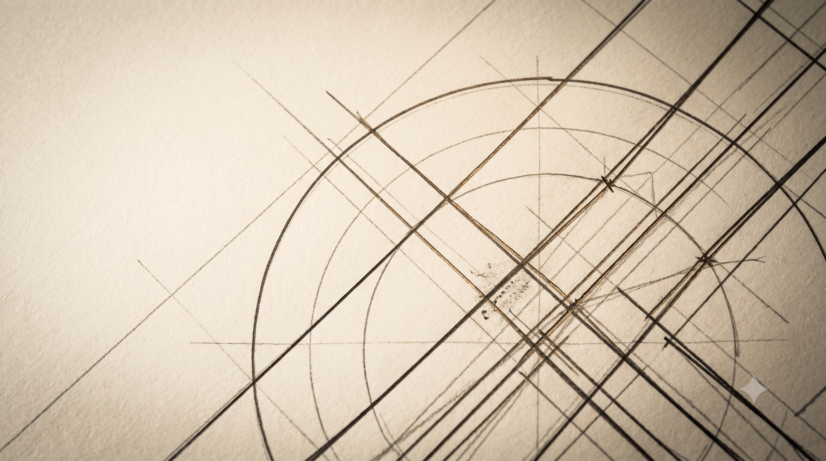 Hand-drafted architectural construction drawing with intersecting compass arcs and geometric lines, representing structured capital advisory and investor alignment