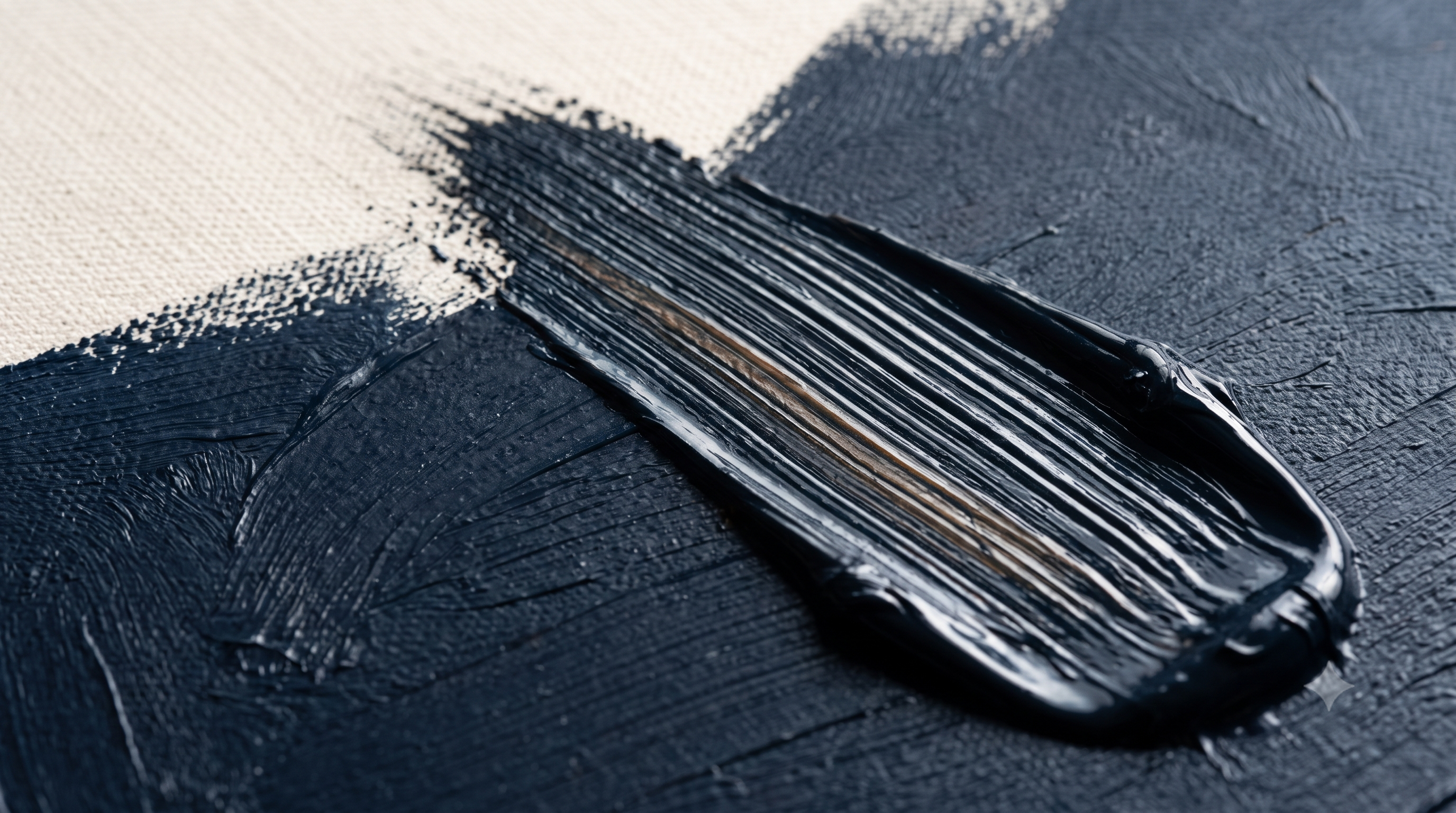 Macro photograph of a single wet oil paint brushstroke on canvas, a decisive and irreversible mark in deep navy, representing the independent strategic counsel and committed judgement of Cotswolds Capital