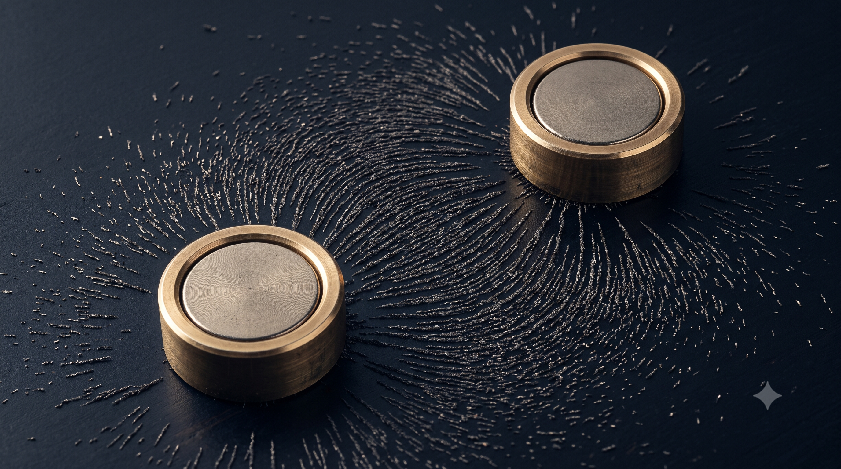 Macro photograph of two brass-cased magnets with iron filings tracing the connecting field lines between them, representing the alignment of counterparties in strategic transactions advised by Cotswolds Capital
